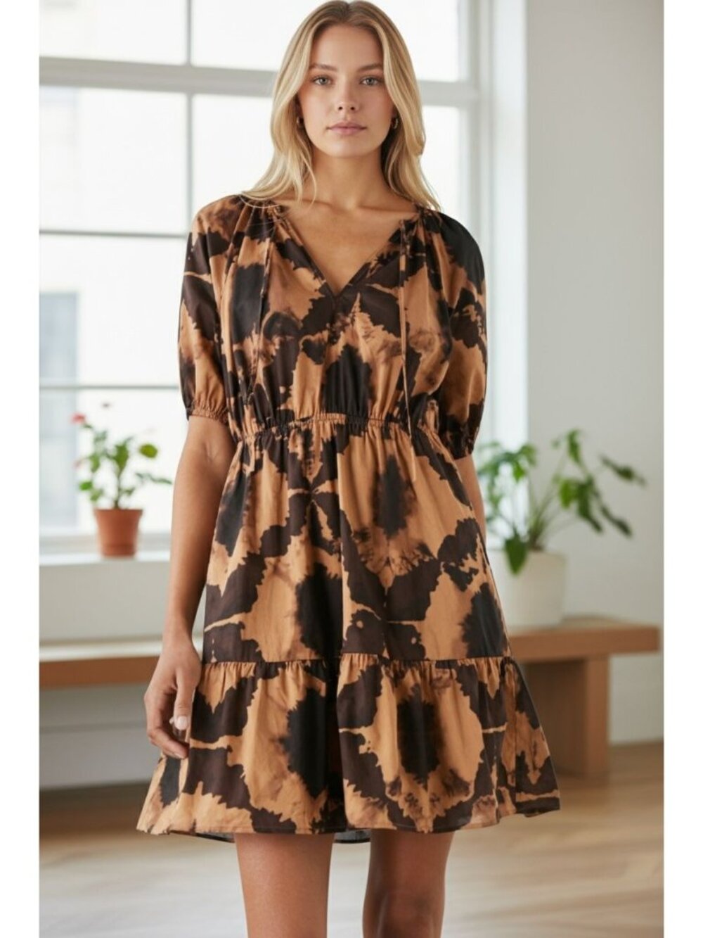 Rails Lucille Tie-Dye Puff Sleeve Mini Dress With Tiered Skirt SMALL